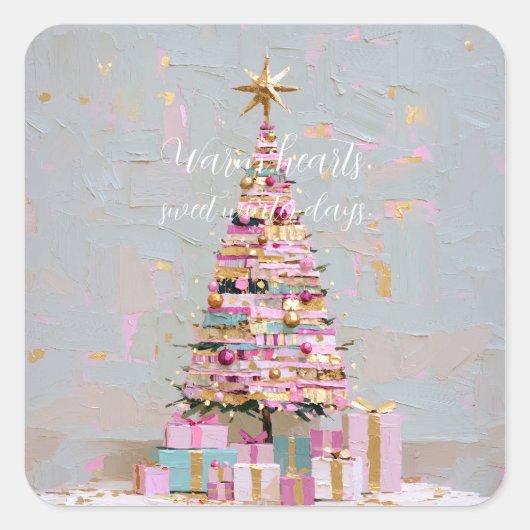 インパスト ピンクとゴールドのクリスマスツリー スクエアシール (正面)