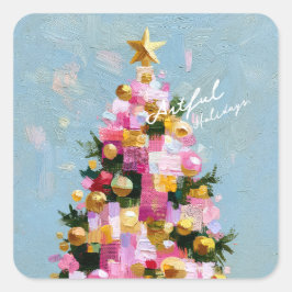 インパスト ピンクとゴールドのクリスマスツリー スクエアシール