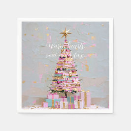 インパスト ピンクとゴールドのクリスマスツリー スタンダードカクテルナプキン