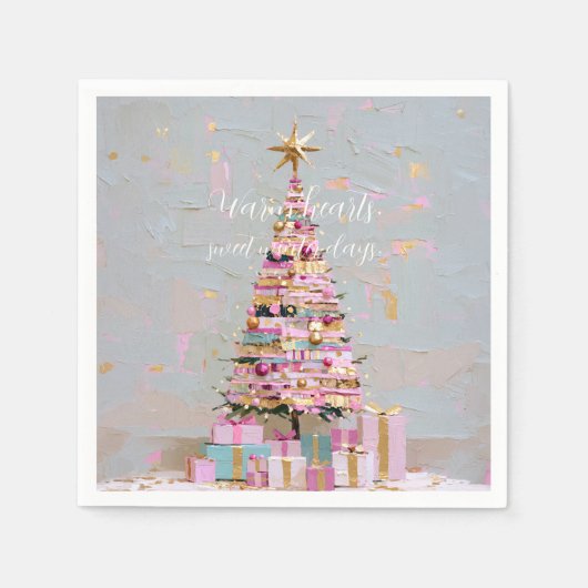 インパスト ピンクとゴールドのクリスマスツリー スタンダードカクテルナプキン (正面)