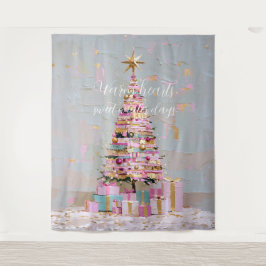 インパスト ピンクとゴールドのクリスマスツリー タペストリー