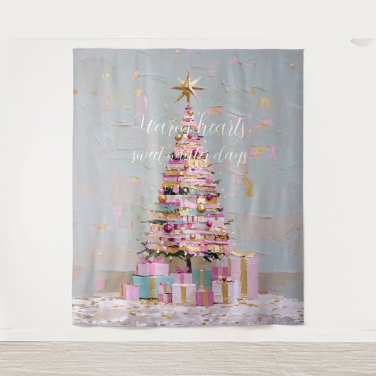 インパスト ピンクとゴールドのクリスマスツリー タペストリー (正面)