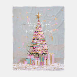 インパスト ピンクとゴールドのクリスマスツリー フリースブランケット