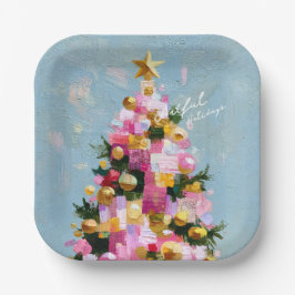 インパスト ピンクとゴールドのクリスマスツリー ペーパープレート