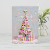 インパスト ピンクとゴールドのクリスマスツリー 招待状 (スタンド正面)