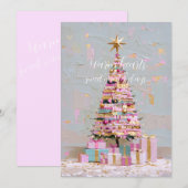 インパスト ピンクとゴールドのクリスマスツリー 招待状 (正面/裏面)