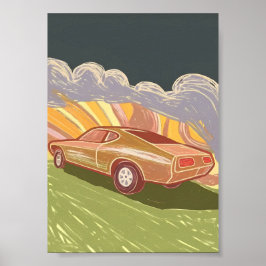 インパスト レトロ マッスルカー 旋回する道の夕焼けアート ポスター