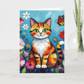 インパスト 猫、花と蝶の誕生日 カード (正面)