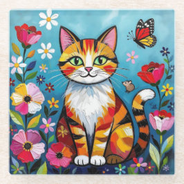 インパスト 猫、花と蝶 ガラスコースター