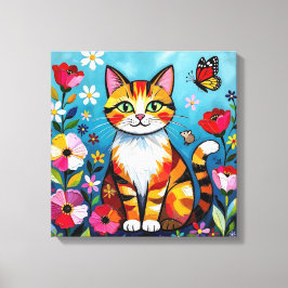 インパスト 猫、花と蝶 キャンバスプリント
