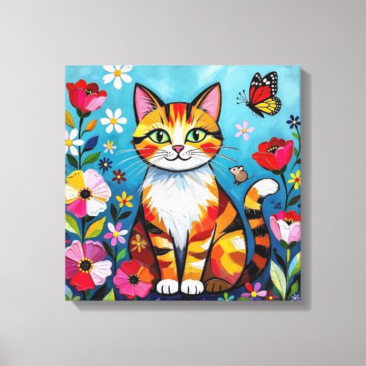 インパスト 猫、花と蝶 キャンバスプリント (正面)