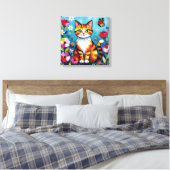 インパスト 猫、花と蝶 キャンバスプリント (インサイチュ (寝室))