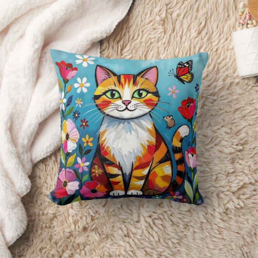 インパスト 猫、花と蝶 クッション (ブランケット)