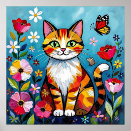 インパスト 猫、花と蝶 ポスター