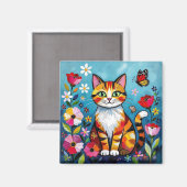 インパスト 猫、花と蝶 マグネット (正面/裏面)