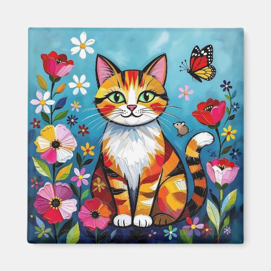 インパスト 猫、花と蝶 マグネット (正面)