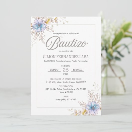 インビタシオンバウスペインのティゾブルーフラワーズバプテスマ 招待状 (スタンド正面)