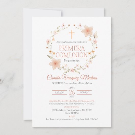 インビタシオンピンクの花エレガントが最初の聖餐式 招待状 (正面)