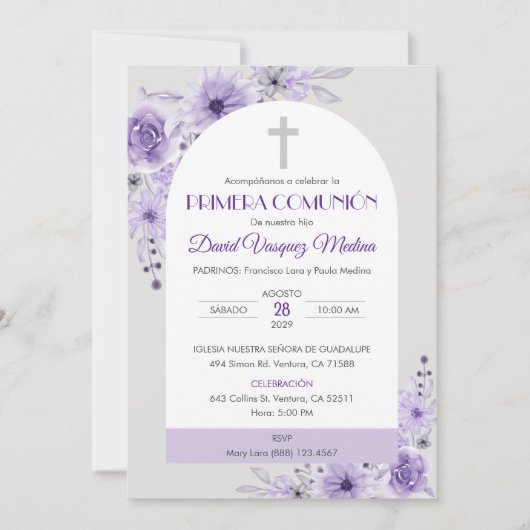 インビタシオンプリメラcomunionかわいい紫色の花 招待状 (正面)