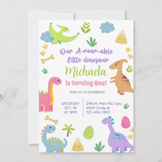 インビタシオン恐竜の女の子の誕生日の招待ディノ 招待状 (正面)