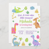 インビタシオン恐竜の女の子の誕生日の招待ディノ 招待状 (正面/裏面)