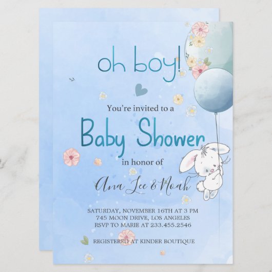 インビタシオン赤ちゃんシャワーかわいいボニー。FOR男の赤ちゃん 招待状 (正面/裏面)