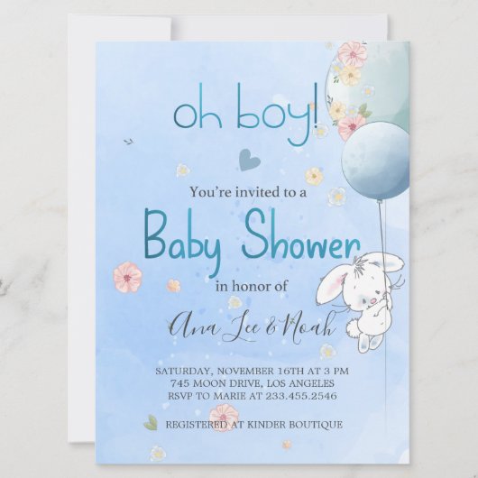 インビタシオン赤ちゃんシャワーかわいいボニー。FOR男の赤ちゃん 招待状 (正面)