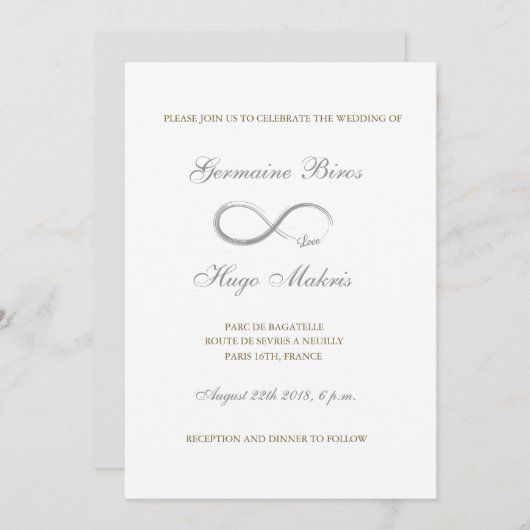 インフィニティサインホワイトグレー金ゴールドエレガントな結婚式 招待状 (正面/裏面)