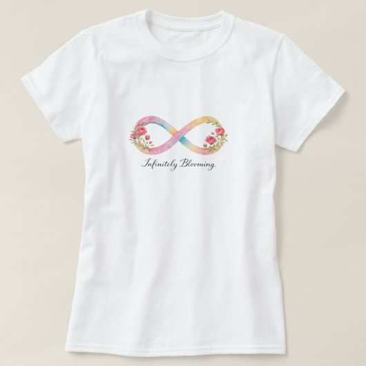 インフィニティシンボルの水彩ピンクの花の開花 Tシャツ (デザイン正面)