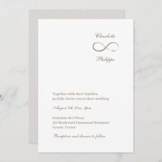 インフィニティシンボルホワイトグレー金ゴールドエレガントな結婚式 招待状 (正面/裏面)