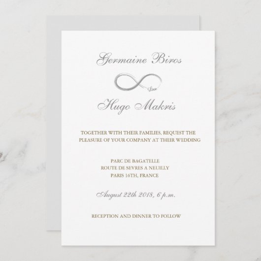 インフィニティシンボルホワイトグレー金ゴールドエレガントな結婚式 招待状 (正面/裏面)