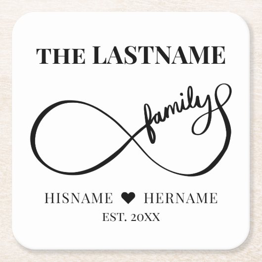 インフィニティパーソナライズされたファミリ名と推定日付 スクエアペーパーコースター (正面)
