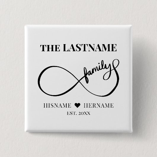 インフィニティパーソナライズされたファミリ名と推定日付 缶バッジ (正面)