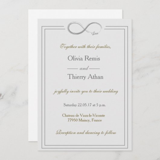 インフィニティユニークサイングレー金ゴールド白結婚色 招待状 (正面/裏面)