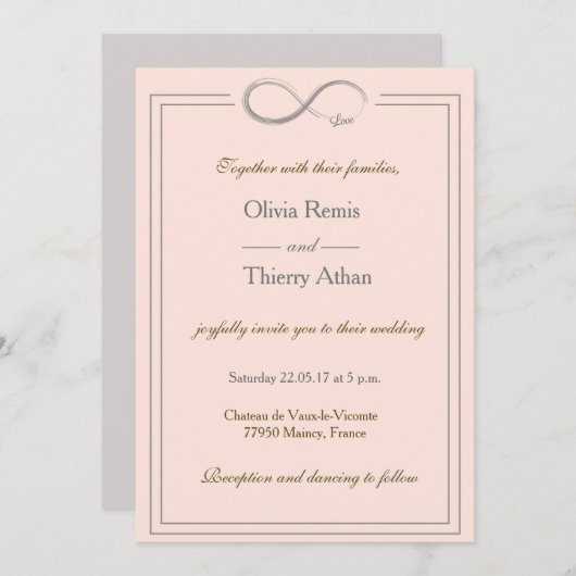 インフィニティユニークサインコーラルピンク金ゴールドグ結婚レイ 招待状 (正面/裏面)