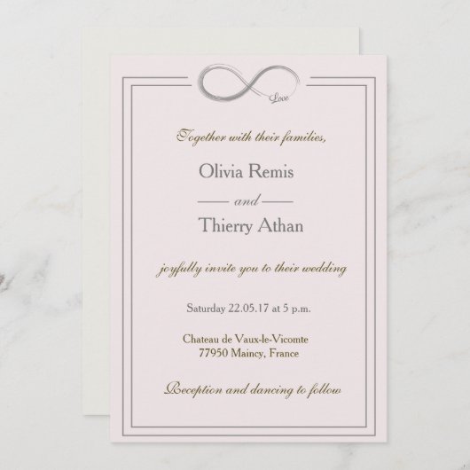 インフィニティユニーク符号赤面ピンク金ゴールドグ結婚レイ 招待状 (正面/裏面)