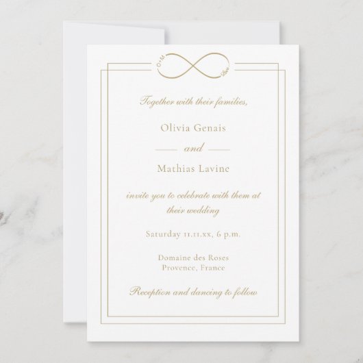 インフィニティラブモノグラム縁ど金ゴールドホワイト結婚ズ 招待状 (正面)