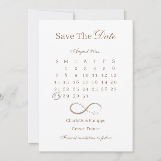 インフィニティ ゴールド ホワイト カレンダー セーブ・ザ・デート ウェディング 招待状 (正面)