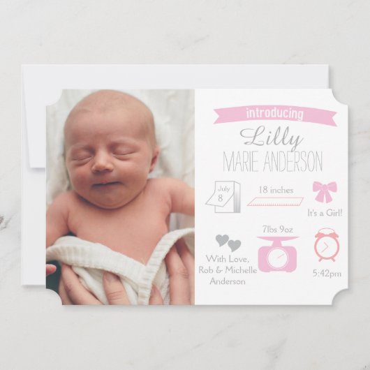 インフォグラフィックの誕生の発表-女の子 案内状 (正面)