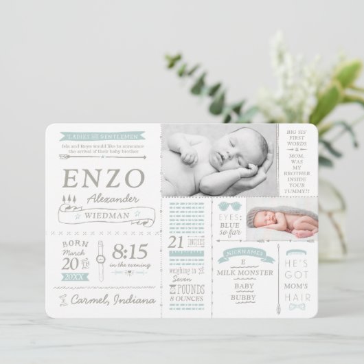 インフォグラフィック統計の出生告知カード 招待状 (スタンド正面)