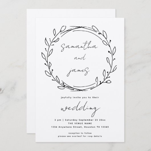 インフォーマルなローレルリーフラインアートQRコー結婚ド 招待状 (正面/裏面)