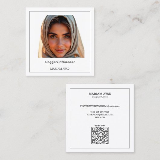 インフルエンサーカスタムブロガーQR & Photo スクエア名刺 (正面/裏面)