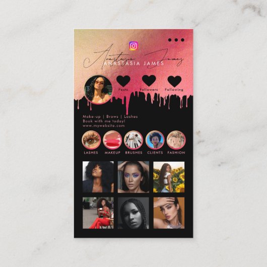 インフルエンサー写真食べ物を与えソーシャルメディアQRコードピンク 名刺 (裏面)