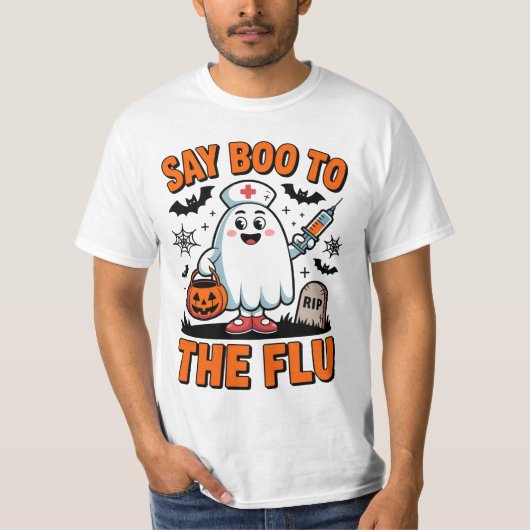 インフルエンザのおもしろいハロウィーンナース医にブーと言う Tシャツ (正面)