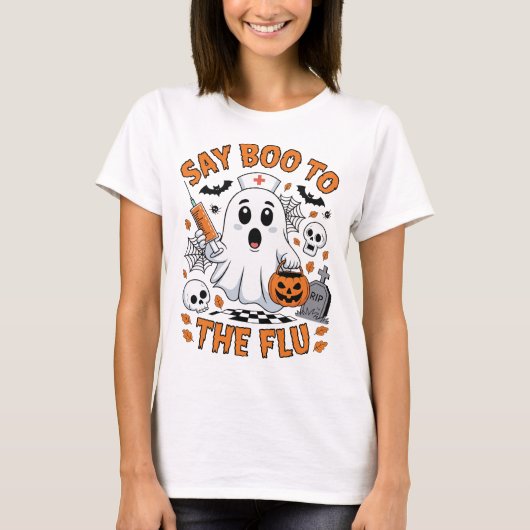 インフルエンザのTシャツにブーと言う Tシャツ (正面)