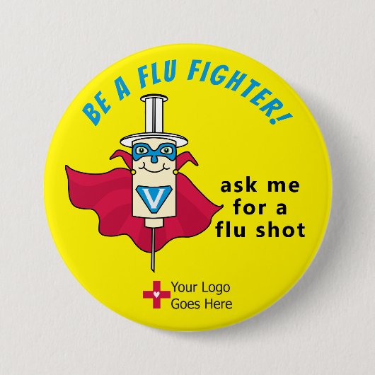 インフルエンザファイターのインフルエンザショットを思い出させる 缶バッジ (正面)