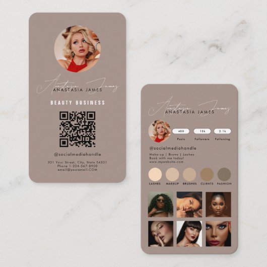 インフルエ食べ物を与えンサーグリッドQRコードブラウン 名刺 (正面/裏面)