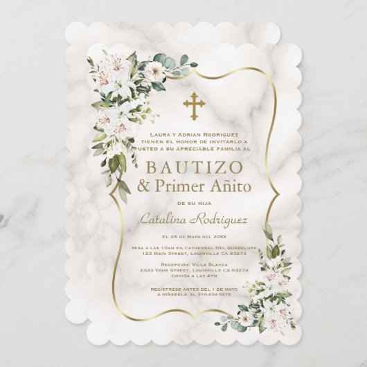 インペリアルリリースペインの金ゴールド1歳の誕生日バプテスマ 招待状 (正面/裏面)