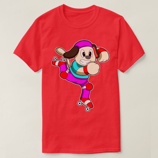 インラインスケートスケートで滑るキャップ付き犬 Tシャツ (デザイン正面)