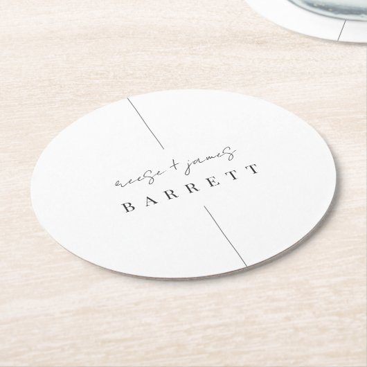 インライン モダンミニマルパーソナライズされた結婚s ラウンドペーパーコースター (アングル)